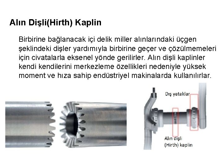 Alın Dişli(Hirth) Kaplin Birbirine bağlanacak içi delik miller alınlarındaki üçgen şeklindeki dişler yardımıyla birbirine