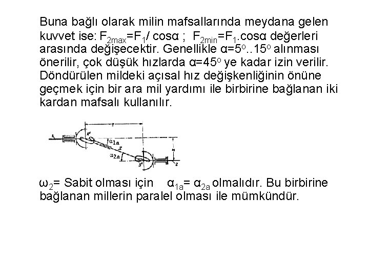 Buna bağlı olarak milin mafsallarında meydana gelen kuvvet ise: F 2 max=F 1/ cosα