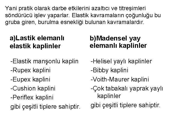 Yani pratik olarak darbe etkilerini azaltıcı ve titreşimleri söndürücü işlev yaparlar. Elastik kavramaların çoğunluğu