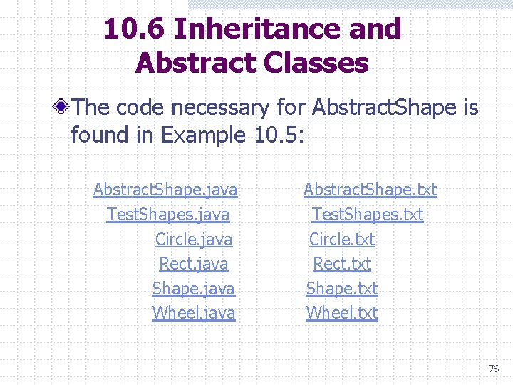 10. 6 Inheritance and Abstract Classes The code necessary for Abstract. Shape is found