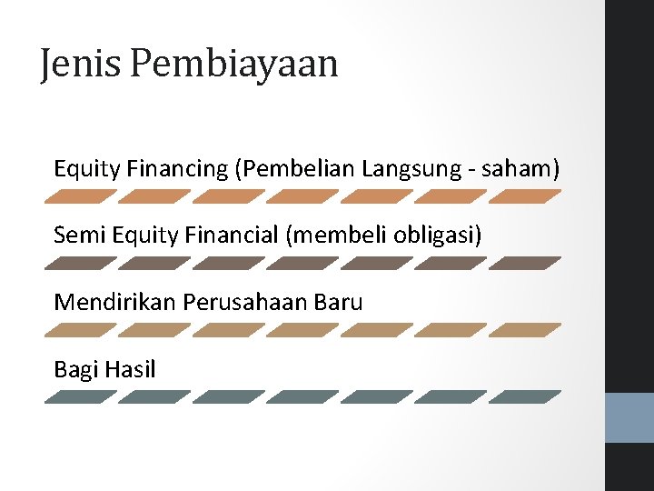 Jenis Pembiayaan Equity Financing (Pembelian Langsung - saham) Semi Equity Financial (membeli obligasi) Mendirikan