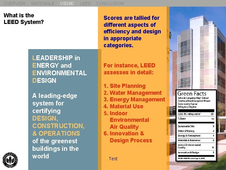 OVERVIEW RATIONALE USGBC LEED What is the LEED System? LEADERSHIP in ENERGY and ENVIRONMENTAL