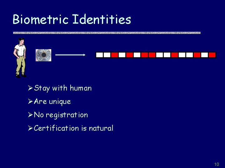 Biometric Identities ØStay with human ØAre unique ØNo registration ØCertification is natural 10 