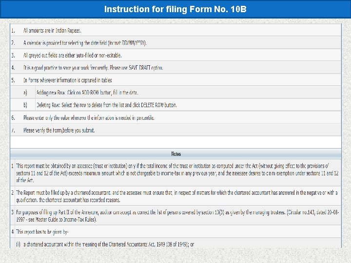 Instruction for filing Form No. 10 B 