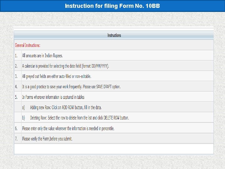 Instruction for filing Form No. 10 BB 