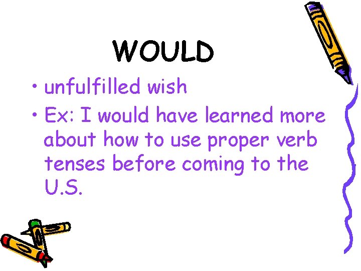 WOULD • unfulfilled wish • Ex: I would have learned more about how to