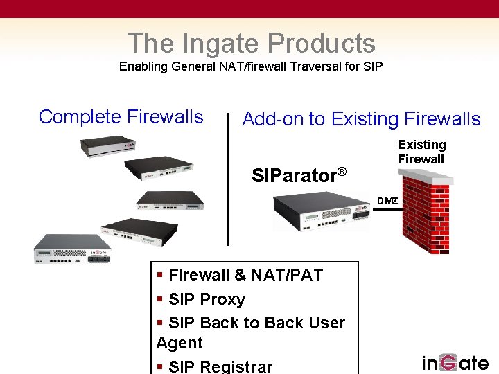 The Ingate Products Enabling General NAT/firewall Traversal for SIP Complete Firewalls Add-on to Existing