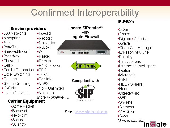 Confirmed Interoperability IP-PBXs Service providers § 360 Networks §Airespring §AT&T §Band. Tel §Bandwidth. com