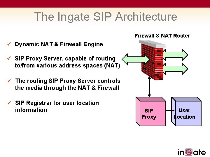 The Ingate SIP Architecture Firewall & NAT Router ü Dynamic NAT & Firewall Engine