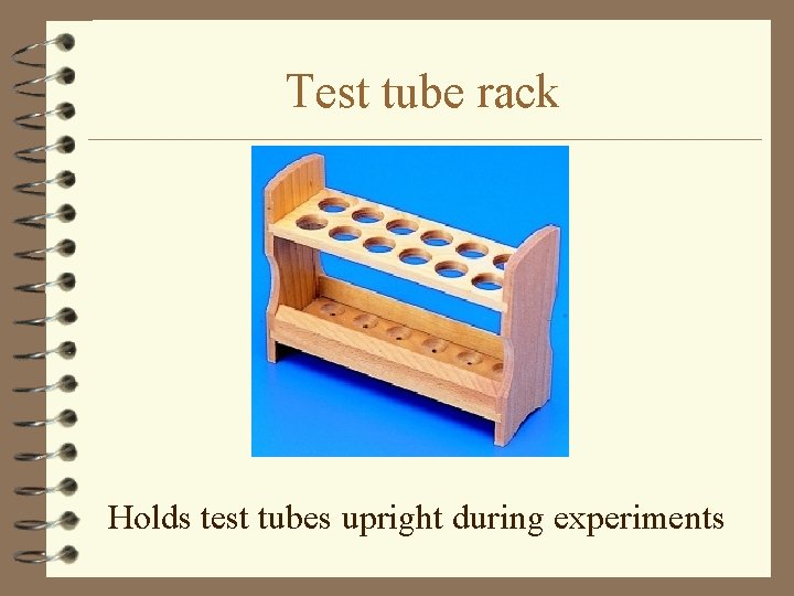 Test tube rack Holds test tubes upright during experiments 