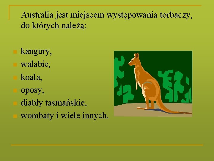 Australia jest miejscem występowania torbaczy, do których należą: n n n kangury, walabie, koala,