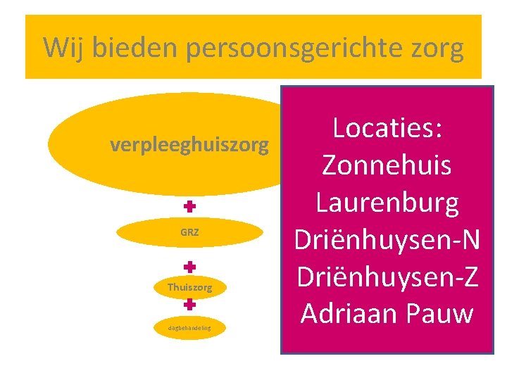 Wij bieden persoonsgerichte zorg verpleeghuiszorg GRZ Thuiszorg dagbehandeling Locaties: Zonnehuis Laurenburg Driënhuysen-N Driënhuysen-Z Adriaan