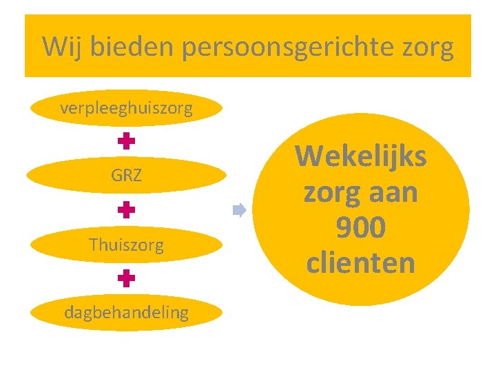 Wij bieden persoonsgerichte zorg verpleeghuiszorg GRZ Thuiszorg dagbehandeling Wekelijks zorg aan 900 clienten 