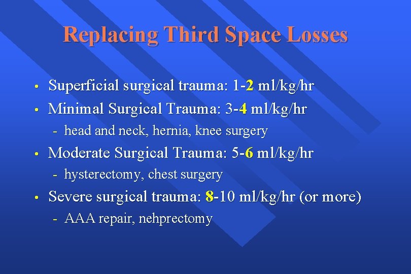 Replacing Third Space Losses • • Superficial surgical trauma: 1 -2 ml/kg/hr Minimal Surgical