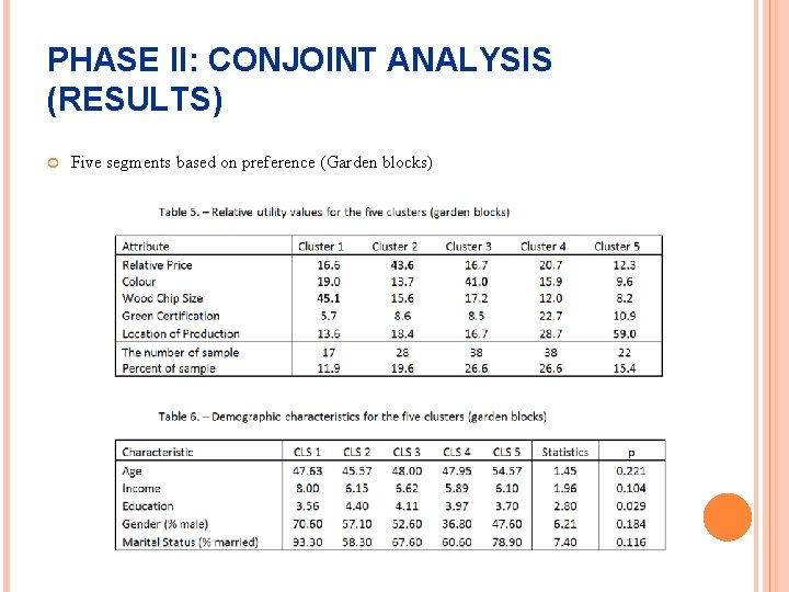 PHASE II: CONJOINT ANALYSIS (RESULTS) Five segments based on preference (Garden blocks) 