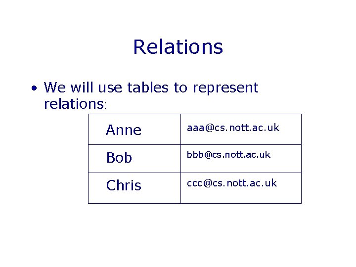 Relations • We will use tables to represent relations: Anne aaa@cs. nott. ac. uk