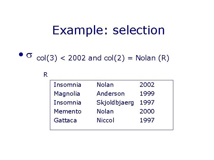 Example: selection • col(3) < 2002 and col(2) = Nolan (R) R Insomnia Magnolia