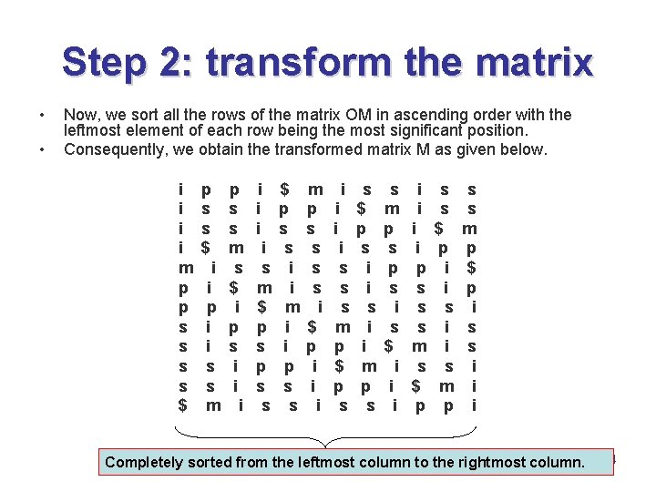 Step 2: transform the matrix • • Now, we sort all the rows of