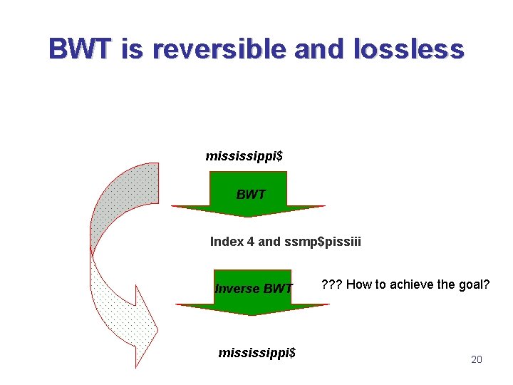BWT is reversible and lossless mississippi$ BWT Index 4 and ssmp$pissiii Inverse BWT mississippi$