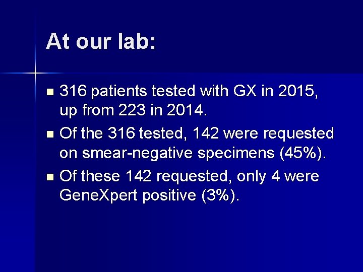 At our lab: 316 patients tested with GX in 2015, up from 223 in