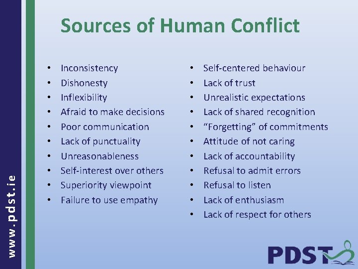 www. pdst. ie Sources of Human Conflict • • • Inconsistency Dishonesty Inflexibility Afraid