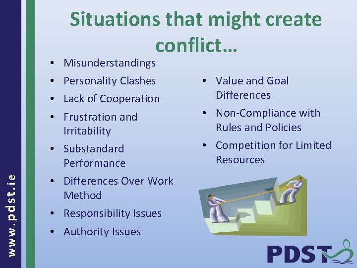 www. pdst. ie • • Situations that might create conflict… Misunderstandings Personality Clashes Lack
