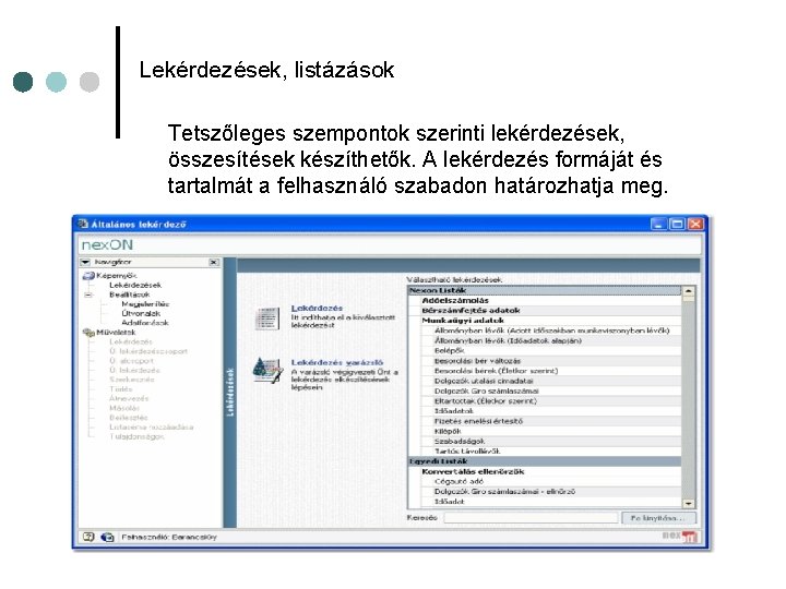 Lekérdezések, listázások Tetszőleges szempontok szerinti lekérdezések, összesítések készíthetők. A lekérdezés formáját és tartalmát a