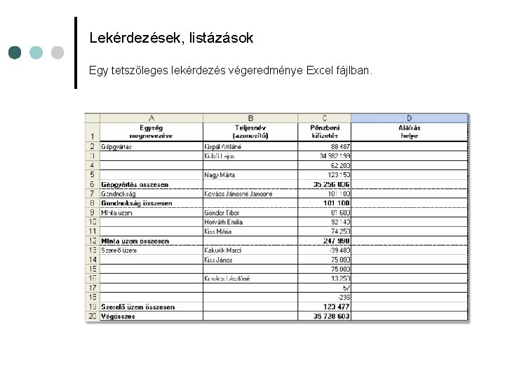 Lekérdezések, listázások Egy tetszőleges lekérdezés végeredménye Excel fájlban. 