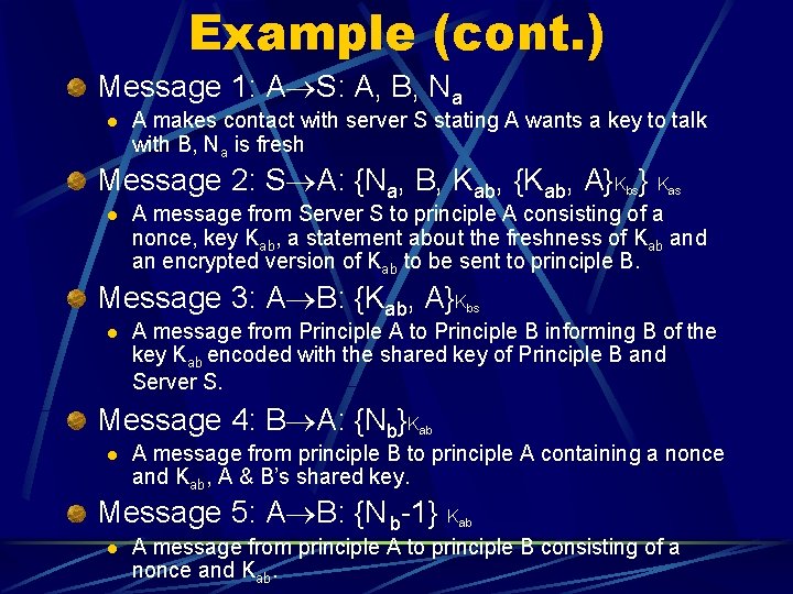 Example (cont. ) Message 1: A S: A, B, Na l A makes contact