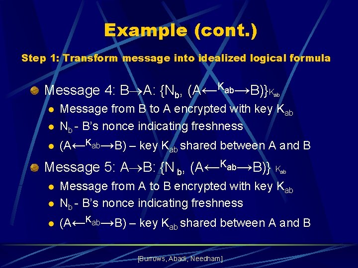 Example (cont. ) Step 1: Transform message into idealized logical formula Message 4: B