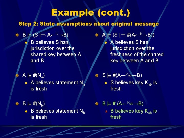 Example (cont. ) Step 2: State assumptions about original message B | (S |