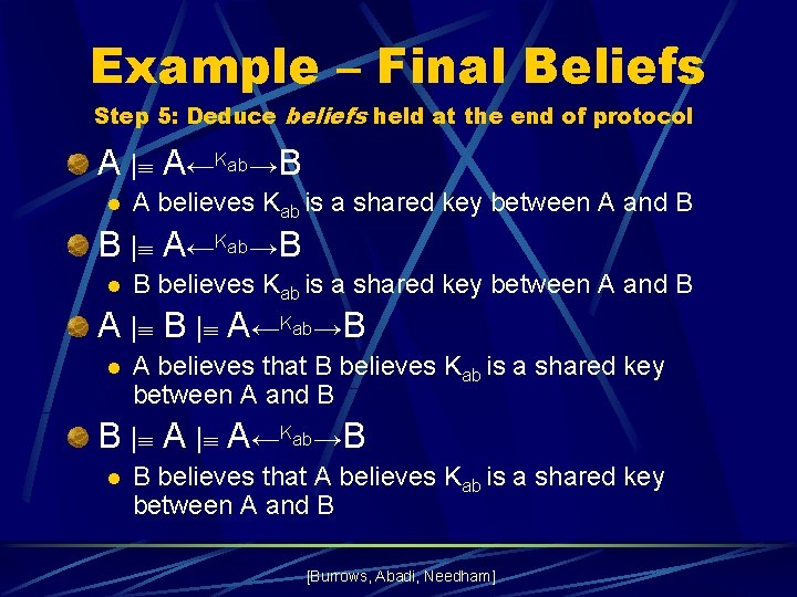 Example – Final Beliefs Step 5: Deduce beliefs held at the end of protocol