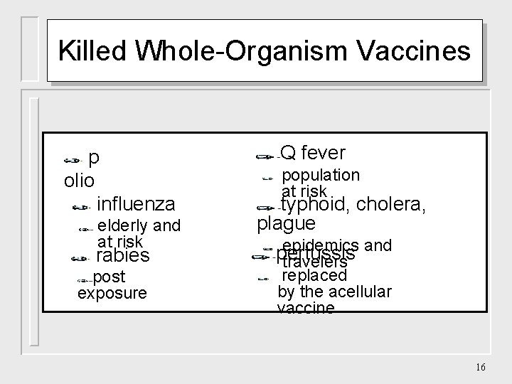 Killed Whole-Organism Vaccines p olio influenza elderly and at risk rabies post exposure Q