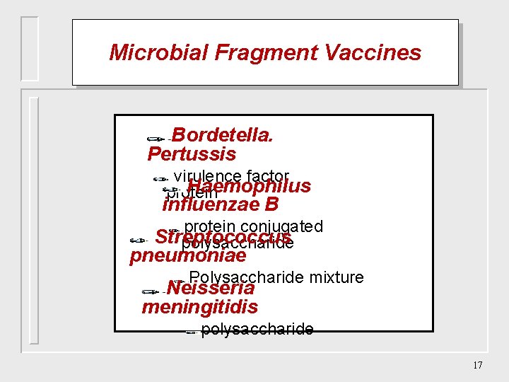 Microbial Fragment Vaccines Bordetella. Pertussis virulence factor Haemophilus protein influenzae B protein conjugated Streptococcus