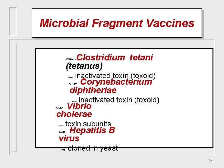 Microbial Fragment Vaccines Clostridium tetani (tetanus) inactivated toxin (toxoid) Corynebacterium diphtheriae inactivated toxin (toxoid)