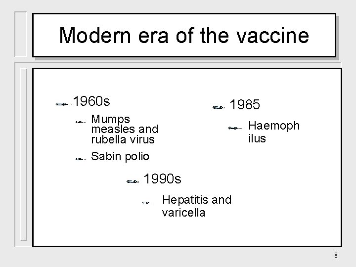 Modern era of the vaccine 1960 s 1985 Mumps measles and rubella virus Sabin