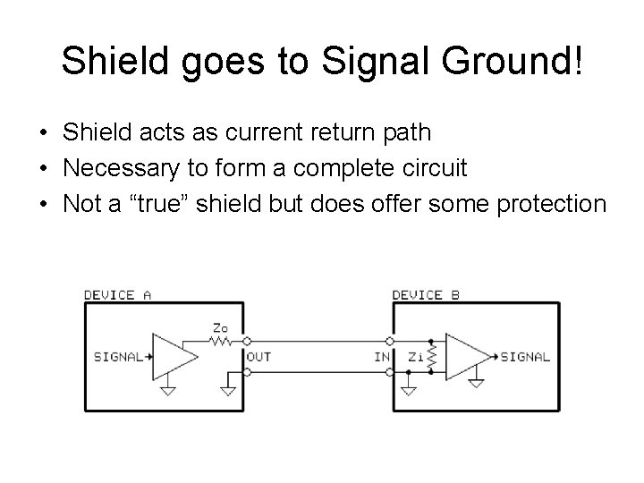 Shield goes to Signal Ground! • Shield acts as current return path • Necessary