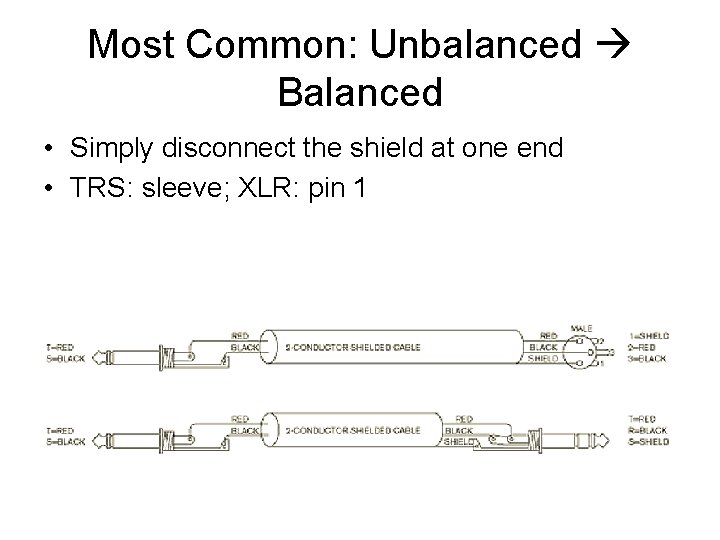Most Common: Unbalanced Balanced • Simply disconnect the shield at one end • TRS: