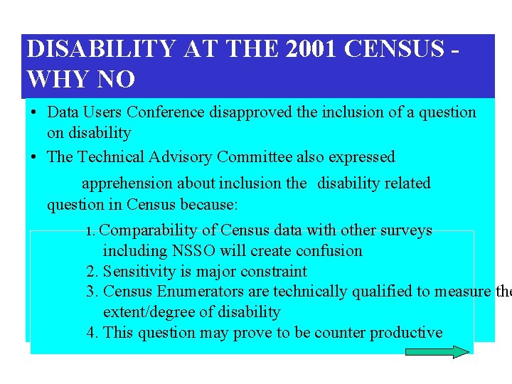 DISABILITY AT THE 2001 CENSUS WHY NO • Data Users Conference disapproved the inclusion