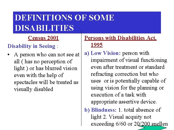 DEFINITIONS OF SOME DISABILITIES Census 2001 Persons with Disabilities Act, 1995 Disability in Seeing
