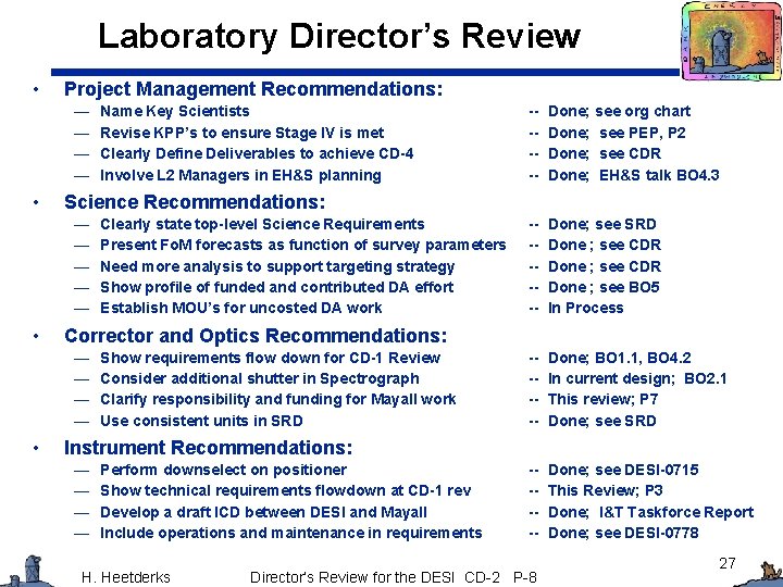 Laboratory Director’s Review • Project Management Recommendations: — — • Clearly state top-level Science