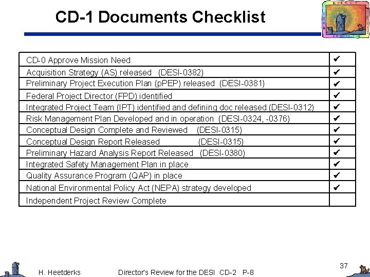 CD-1 Documents Checklist CD-0 Approve Mission Need Acquisition Strategy (AS) released (DESI-0382) Preliminary Project