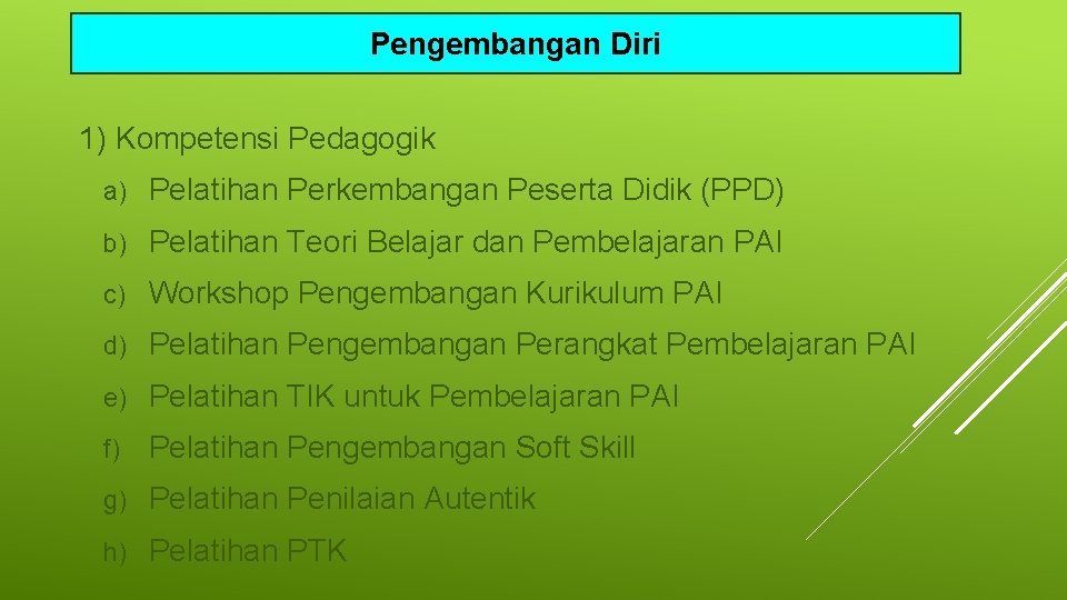 Pengembangan Diri 1) Kompetensi Pedagogik a) Pelatihan Perkembangan Peserta Didik (PPD) b) Pelatihan Teori Pengembangan Diri 1) Kompetensi Pedagogik a) Pelatihan Perkembangan Peserta Didik (PPD) b) Pelatihan Teori