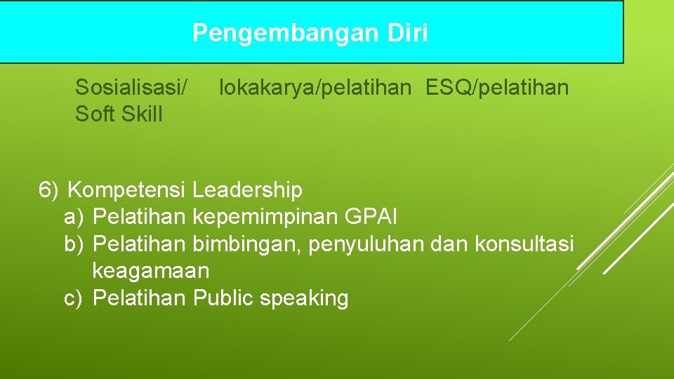 5) Pengembangan Diri Kompetensi Spiritual Sosialisasi/ Soft Skill lokakarya/pelatihan ESQ/pelatihan 6) Kompetensi Leadership a) 5) Pengembangan Diri Kompetensi Spiritual Sosialisasi/ Soft Skill lokakarya/pelatihan ESQ/pelatihan 6) Kompetensi Leadership a)