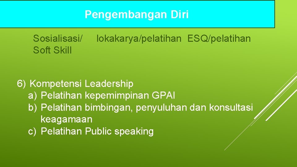 5) Pengembangan Diri Kompetensi Spiritual Sosialisasi/ Soft Skill lokakarya/pelatihan ESQ/pelatihan 6) Kompetensi Leadership a)