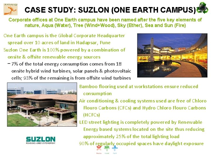 CASE STUDY: SUZLON (ONE EARTH CAMPUS) Corporate offices at One Earth campus have been