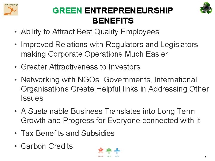 GREEN ENTREPRENEURSHIP BENEFITS • Ability to Attract Best Quality Employees • Improved Relations with