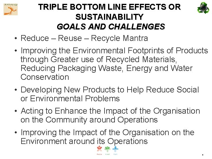 TRIPLE BOTTOM LINE EFFECTS OR SUSTAINABILITY GOALS AND CHALLENGES • Reduce – Reuse –