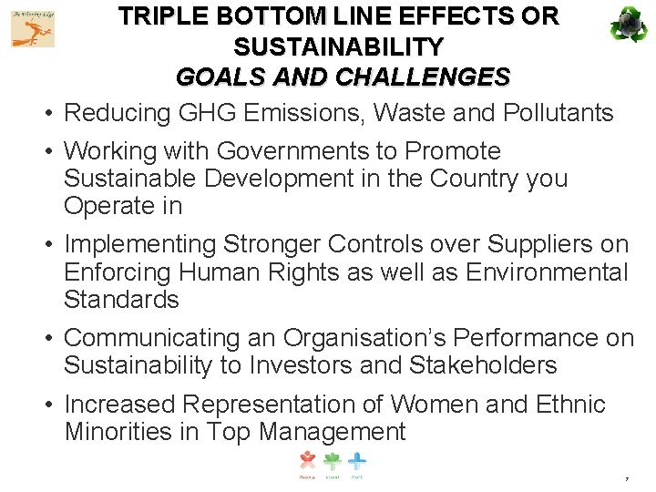 TRIPLE BOTTOM LINE EFFECTS OR SUSTAINABILITY GOALS AND CHALLENGES • Reducing GHG Emissions, Waste