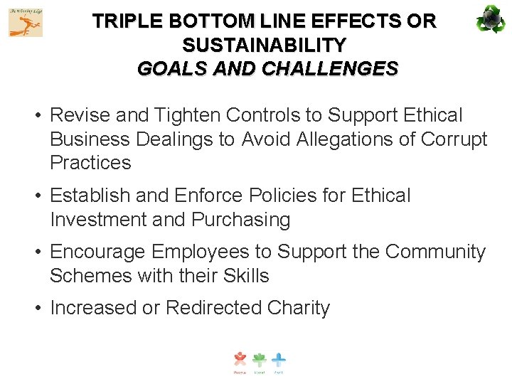 TRIPLE BOTTOM LINE EFFECTS OR SUSTAINABILITY GOALS AND CHALLENGES • Revise and Tighten Controls